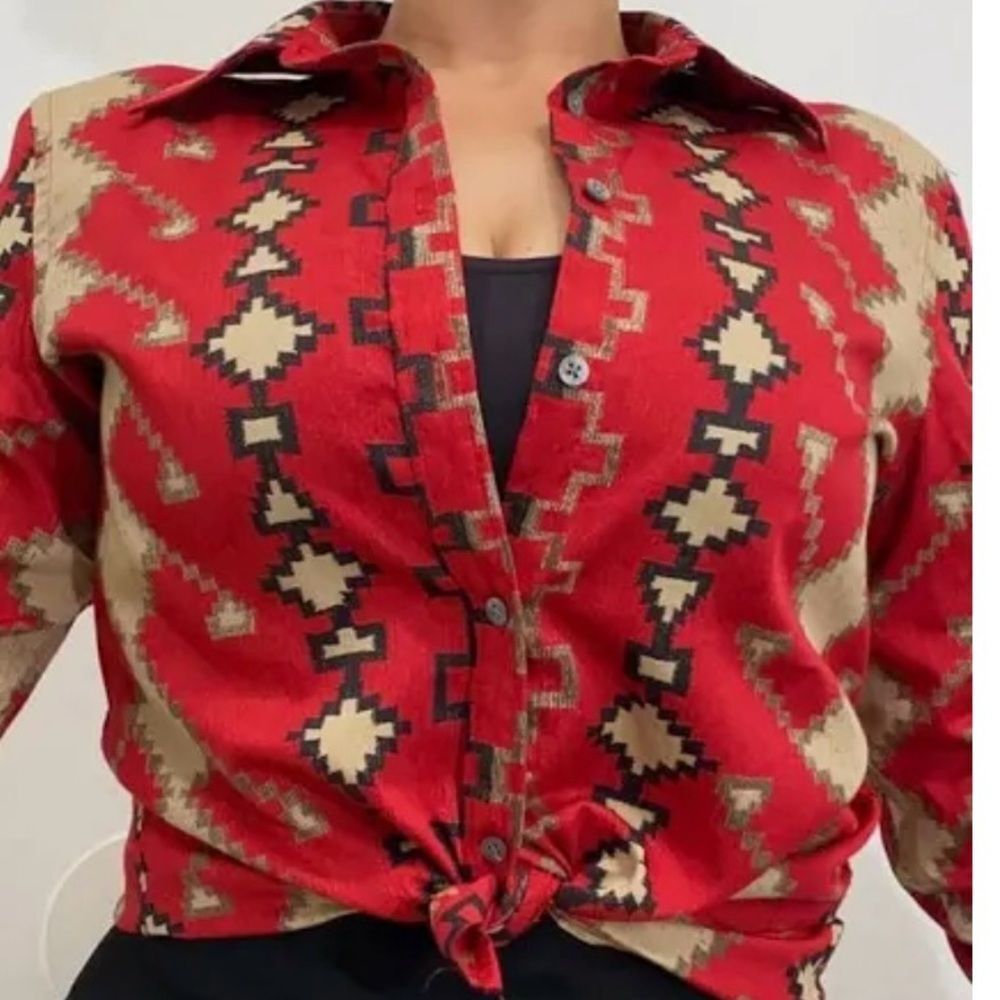 RALPH LAUREN W Medium Petite‎ Southwestern Aztec %100 Cotton Button Down Shirt